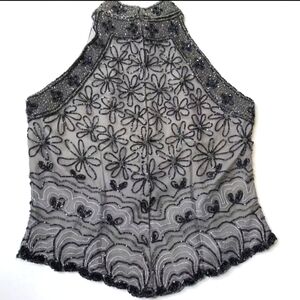 Papell Boutique Silk Beaded Halter Sleeveless Top Black SZ S Party Cocktail